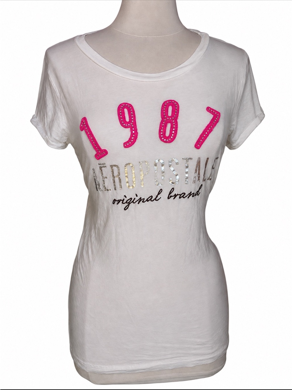Y2K 2020s Aeropostale 1987 Graphic Tee - White with Pink Accents